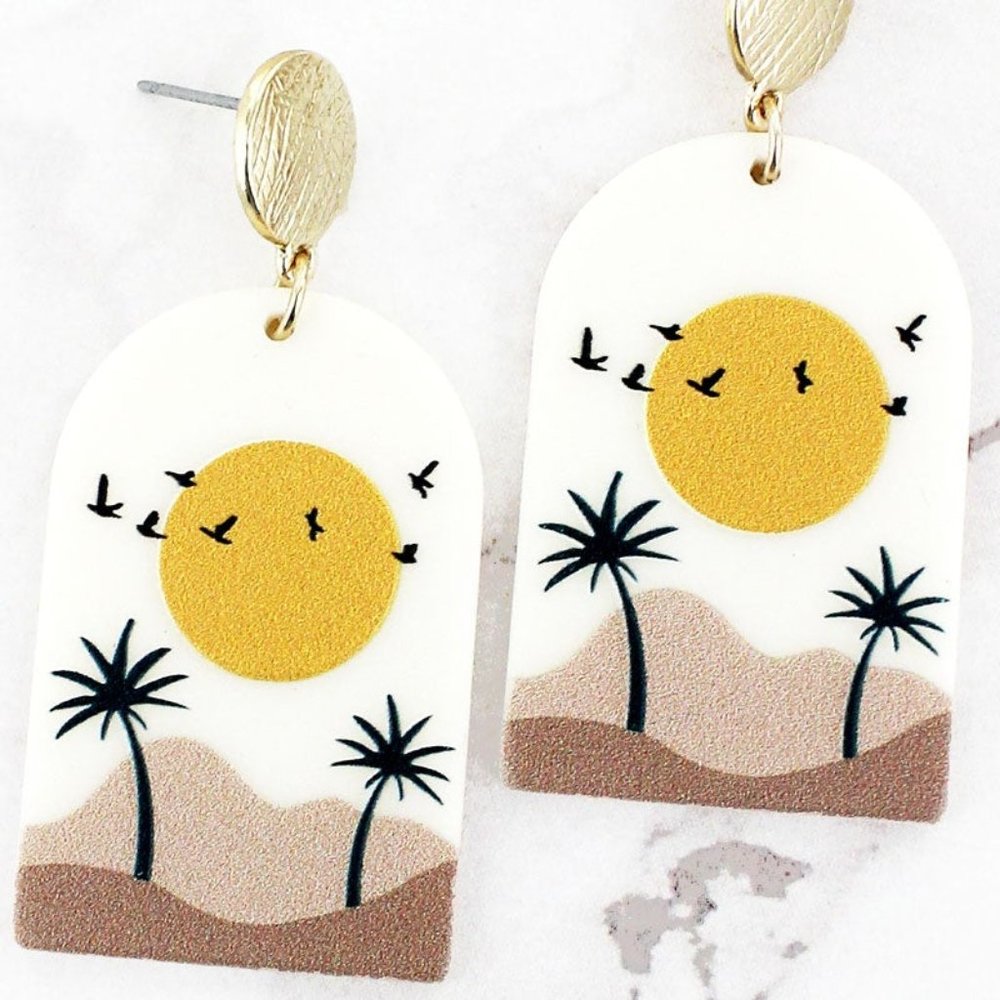 One Blessed Nana White Gold Palm Tree Desert Sunset Earrings
